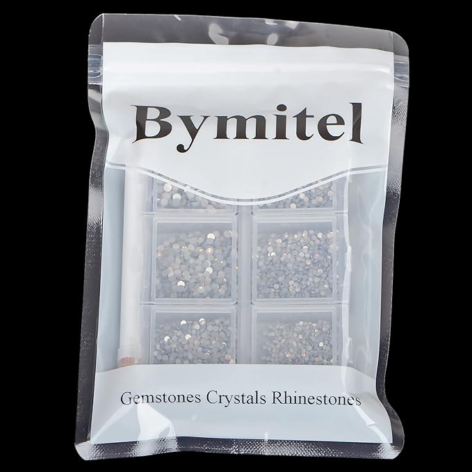 Bymitel 7200 Pieces 6 Mixed Sizes Glue Fix on Glass Rhinestones Round Crystal Gems Flatback for DIY Jewelry Making with one Picking Pen(6-Sizes 7200PCS, White Opal)