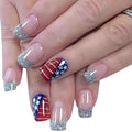 4th of July Press on Nails Medium Square Glitter French Tip Fake Nails America Flag False Nails with Star Designs Glossy Glue on Nails Nude Acrylic Nails Artificial Nails for Women Girls 24Pcs