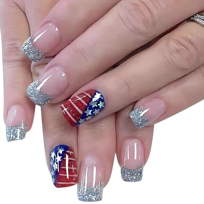 4th of July Press on Nails Medium Square Glitter French Tip Fake Nails America Flag False Nails with Star Designs Glossy Glue on Nails Nude Acrylic Nails Artificial Nails for Women Girls 24Pcs