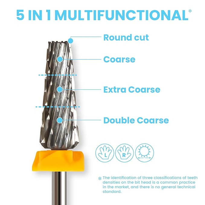 16mm 5 in 1 Tapered Barrel Nail Drill Bits, 3/32'' Safety Tungsten Carbide Bits, Right & Left Rotation, Manicure Cuticle Gel Acrylic Removal Polishing, Technicians Bits, Double Coarse