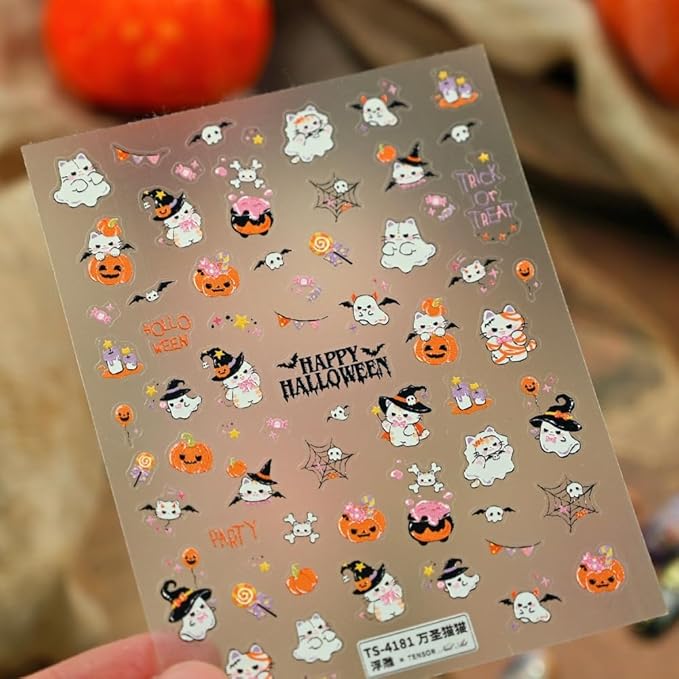Halloween Nail Stickers Witch Cat Nail Art Stickers 5D Embossed Pumpkin Nail Decals Spider Web Nail Art Supplies 3D Self Adhesive Holiday Nail Design for Women Girls 1 Sheets