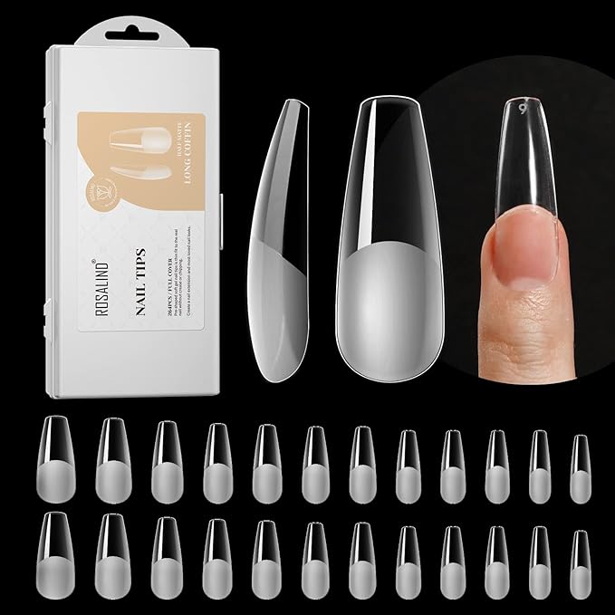 264PCS Half Matte Long Coffin Soft Fake Nail Tips, ROSALIND 12 Size Soft Full Cover False Tips Half Matte Long Coffin Gel Nail Tips for Nail Extension Acrylic (One-Sided No File)