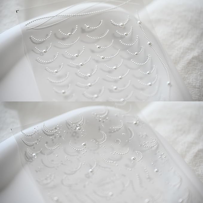White Lace French Line Nail Art Stickers Pearl Rhinestones Embossed French Line Nail Decals for Nail Art Design Self-Adhesive Nail Accessories for Women Nail Art Supplies 3 Sheets