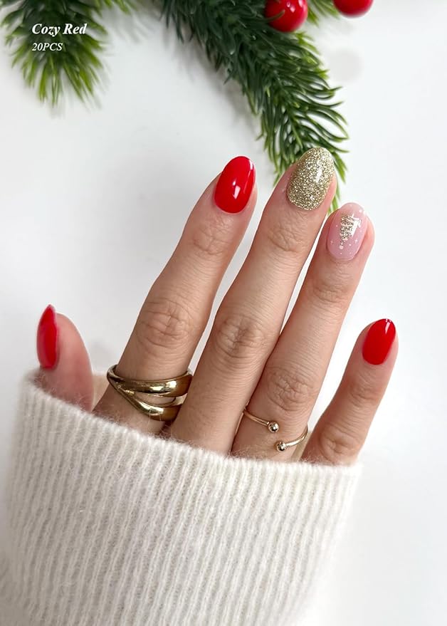 Semi Cured Gel Nail Strips (Cozy Red), Christmas Tree, 20 Pcs Gel Nail Wraps, Stickers, Salon Quality, Long Lasting, Works with Any UV Lamps