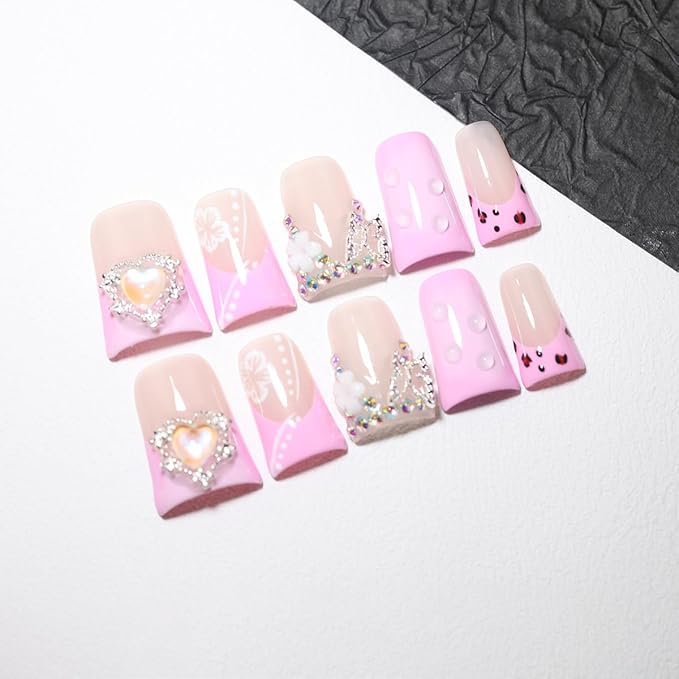 10Pcs Duck-shaped Handmade Press On Nails | French Style with 3D Floral & Rhinestone Decor | Easy to Apply, Remove & Reusable, Salon - Quality (251201, S)