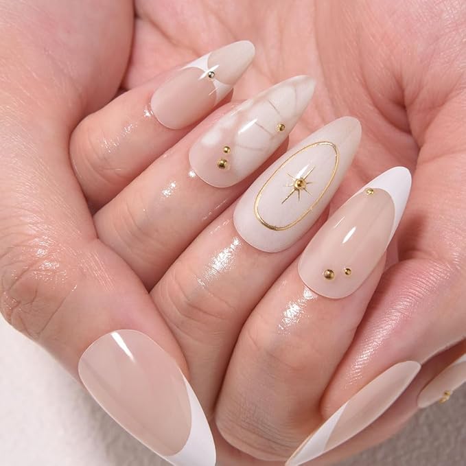 3D French Press on Nails Medium Almond with Bohemian Stars Design, Nude Nail + White Tip Glossy Stick on Nails for Women with Kit, Reusable Soft Gel Stick on Fake Nail with French Design Perfectly Fit