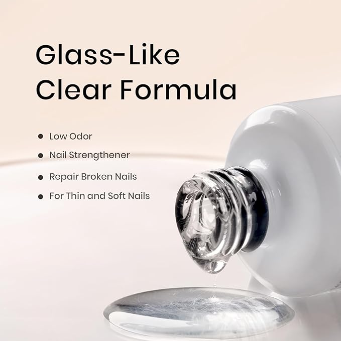 RARJSM Clear Fiber Glass Rubber Base Gel Nail Polish for Repair Broken Nails Strengthener Gel Base Coat Transparent Brush on BuildingGel in a Bottle Soak Off UV LED Curing Requires 15ml Salon Home
