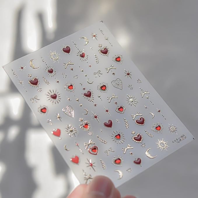 Heart Nail Sticker Decals Star Moon Nail Art Stickers with Diamond Design Red Blue Nails Decals 5D Embossed Self Adhesive Love Nail Charms for Women Girls Kid Manicure Supply Decoration Accessories
