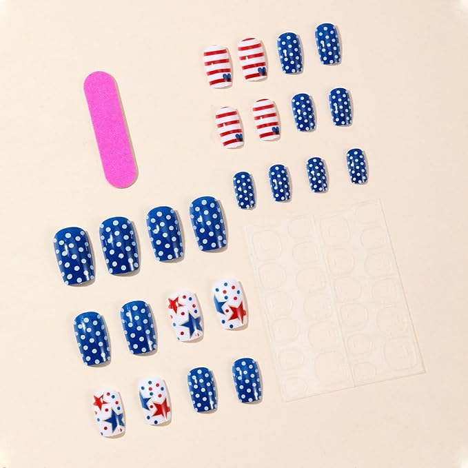 4th of July Press on Nails Short Square Fake Nails Wave Point False Nails with Star Designs Full Cover Tricolor Flag Acrylic Nails Glossy Glue on Nails Manicure Artificial Nails for Women Girls 24Pcs