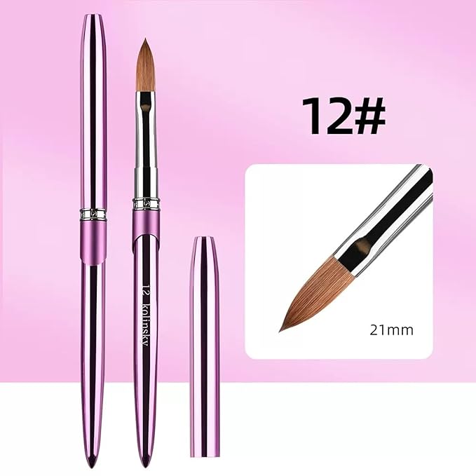 100% Pure Kolinsky Acrylic Nail Brush Size 12, Hair Acrylic Crystal Chrome Purple with Silver Ferrule Round Shaped for Women Girls Manicure Tools Accessories