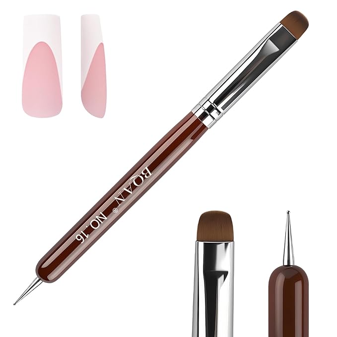 BQAN French Tip Brush Acrylic Nail Brush French Tip Clean up Brush 2 Way Nail Art Brushes with Dotting Tool for Nails Art Design Salon & Home Use (16#)