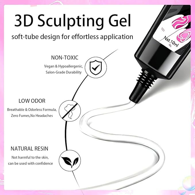 3D Gel Nail Art - 10g Sculpting Gel for Molding, Drawing, Charms & Beads Glue with Gold Chrome Nail Powder and 5D Flower Stickers for Nails Design Beginner