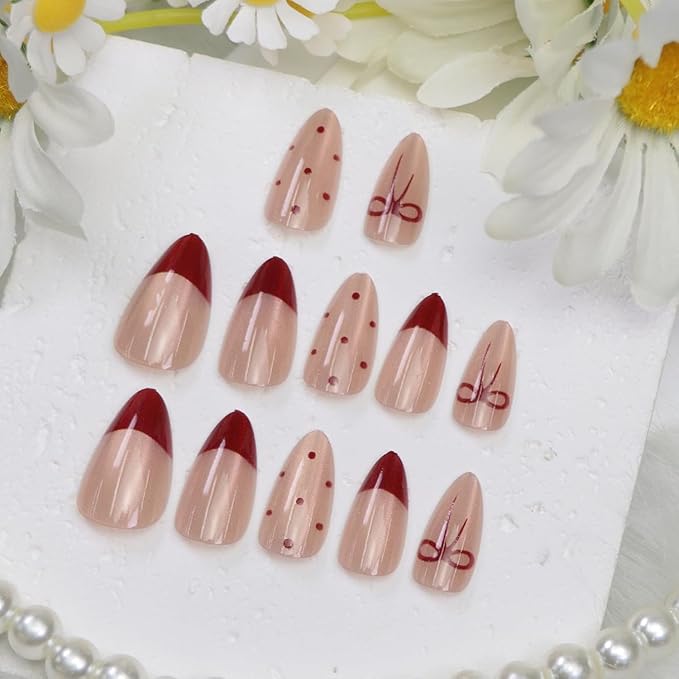 Short Press on Nails Almond Fake Nails with French Bow Dot Designs Cat Eye Nails Press ons Nude Pink False Nails Artificial Christmas Acrylic Nail for Women Girls 24 Pcs