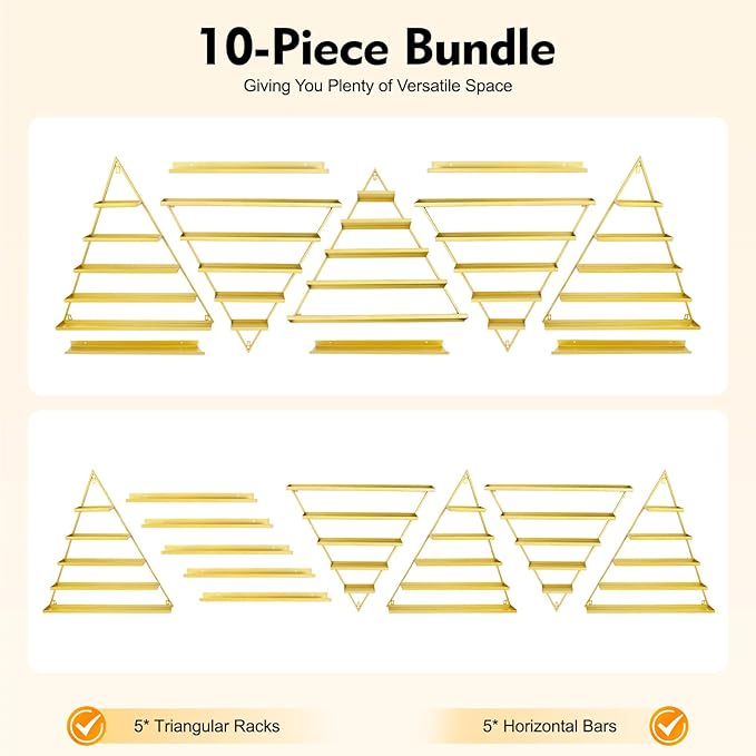 10PCS Gold Wall Mount Nail Polish Display Racks, 5 Tier Triangular Nail Polish Racks for Salon and Shop, Includes Horizontal Bars for Nail Polish and Cosmetics Storage