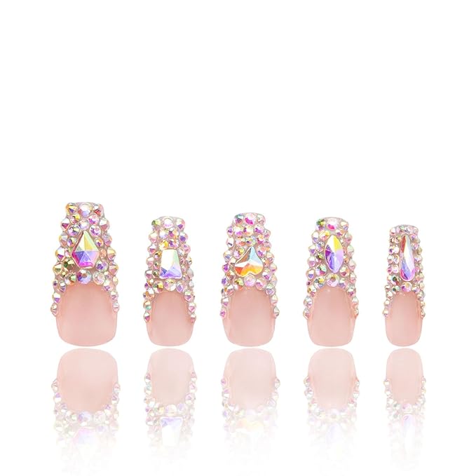 LOVFUL Press on Nails Angel's Tear Rhinestone | Handmade with Full Covered Crystals | Reusable Full Cover Nails | Coffin Classic Regular 1.3 in | H48-S