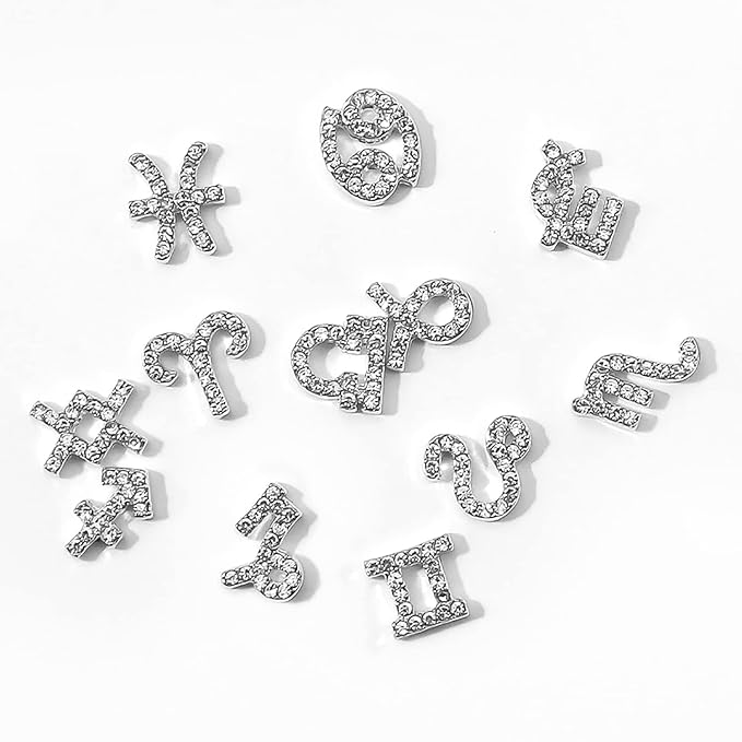 24 Pieces Gold and Silver Alloy Zodiac Nail Charms Zodiac Signs Nail Studs Twelve Constellation Nail Charms Inlaid Clear Rhinestone for Women Girls Nail Art Decoration