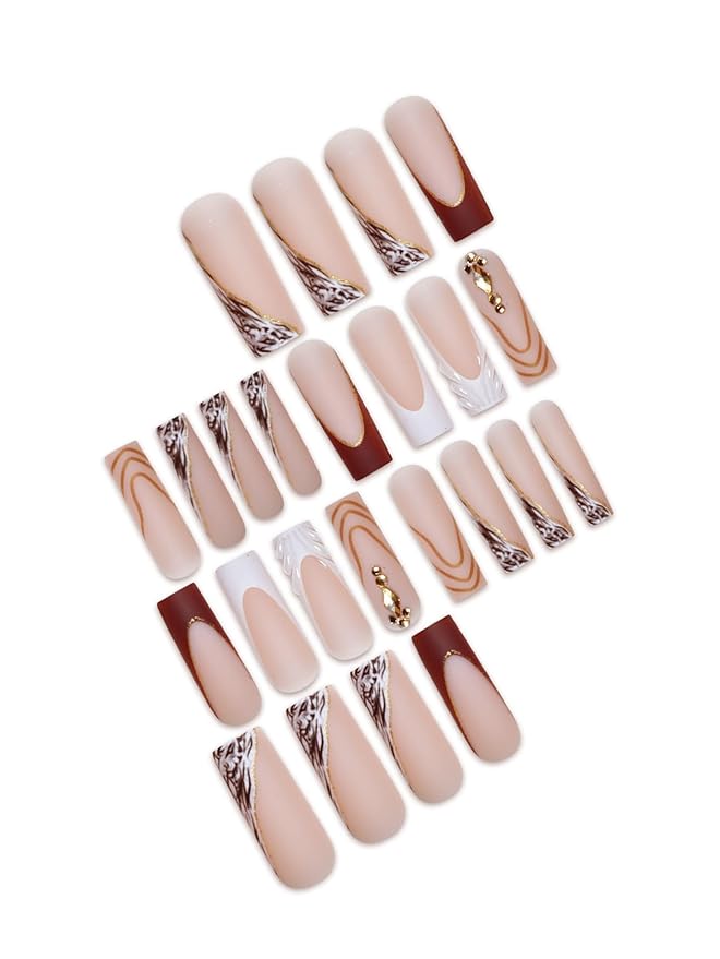 Brown Press on Nails Long Square Fake Nails French Tip False Nails Press ons Fall Stripes Acrylic Nails Matte Full Cover Stick on Nail for Women Manicure Deco 24Pcs