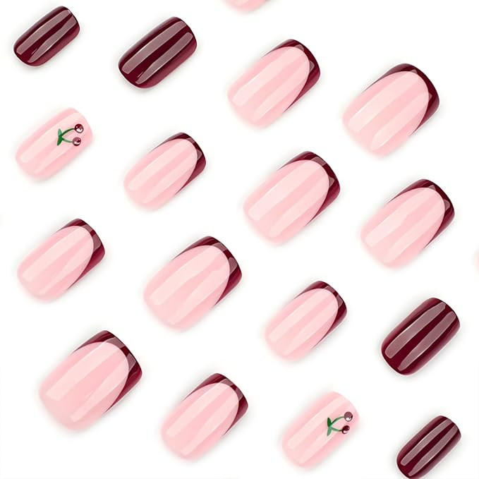Square Press on Nails Short Fake Nails with Designs Cherry Stick on Nail Retro Red Acrylic False Nail Glossy Artificial Nail Full Cover Glue on Nails for Women 24Pcs