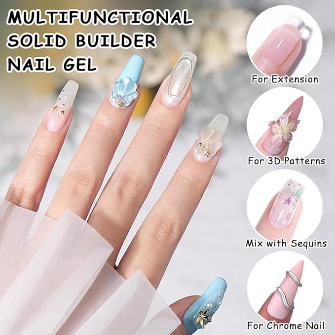 Solid Builder Gel for Nails, 60g Clear 3D Sculpting Modeling Carving Non-Sticky Hand Hard Gel Nail Extension Glue with Chrome Powder and Silicone Sculpture Pen Nail Art Salon Home DIY