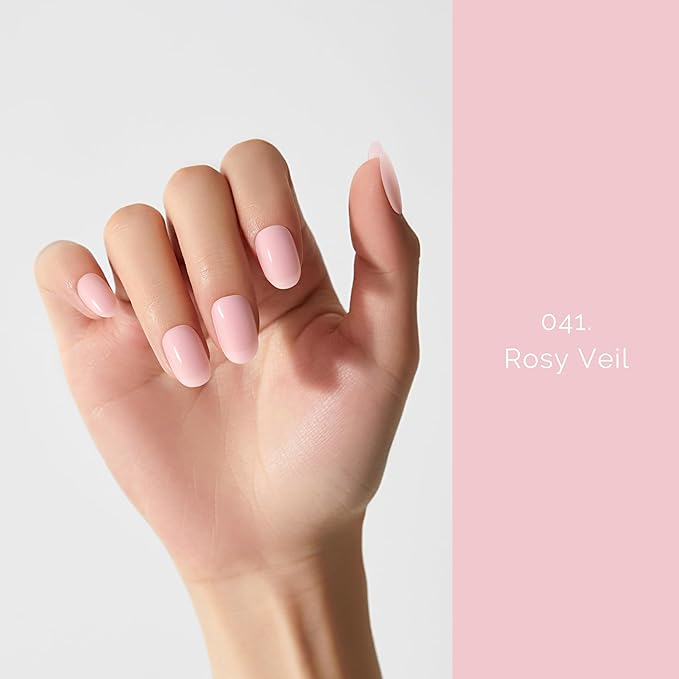 Semi Cured Gel Nail Strips - NAILOG 20 Pcs Pink Nail Stickers Extra Long Wraps with Glossy Gel Finishing for Spring Summer, Rosy Veil