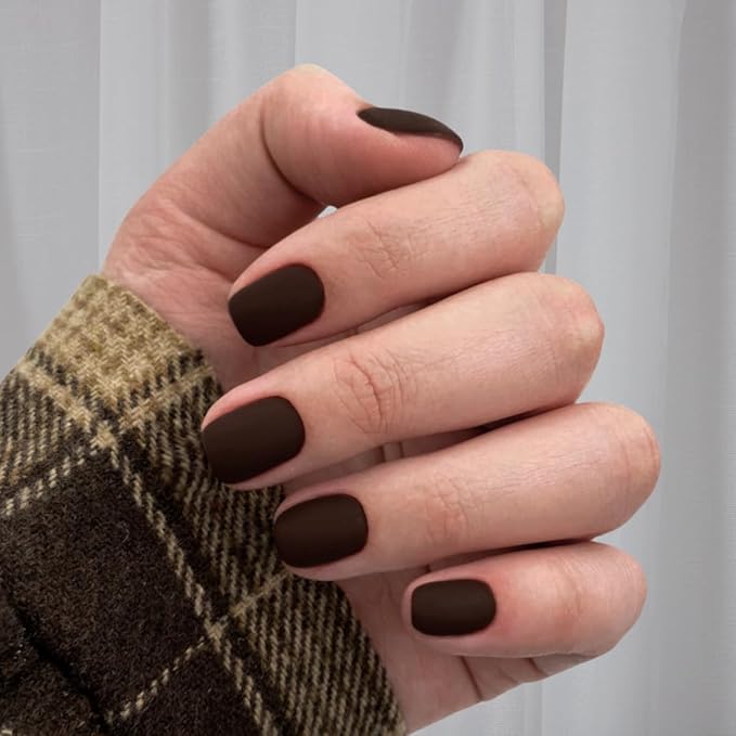 Matte Brown Press on Nails Short Square, Natural Short Gel Nails Glue on Acrylic Nails Press ons, 48Pcs Thick Reusable Fake Nails for Women, Short Coffin Artificial Nails Solid Color Square Nails