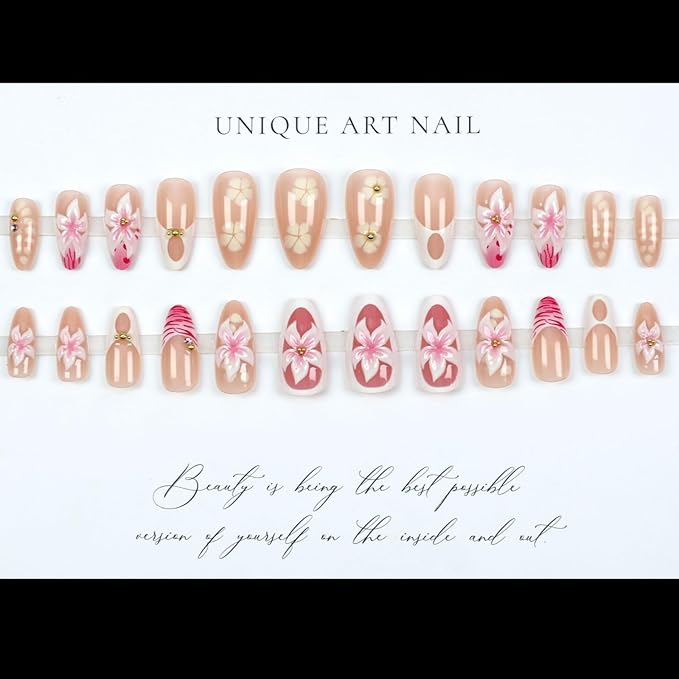 Almond Press on Nails Medium Fake Nails French False Nails Pink Artificial Nails with 3D Flowers and Gold Bead Accents Designs Cute Handmade NailsFloralStick on Nails for Women 24pcs