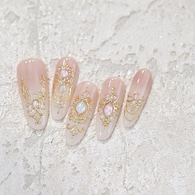 Self-Adhesive Gem Nail Stickers Vintage Style Totem Nail Supplies Embossed Gold Jewelry Ribbon Nails Decals Pink Diamond Nails Designs Baroque Scepter Nails Art Decoration for Women Manicure 1 Sheet
