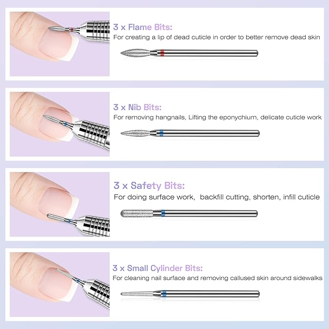 30PCS Cuticle Nail Drill Bits Set with Holder Case, Professional 3/32 Inch Diamond Nail Bits Kit for Nail Drill Machine, Manicure Pedicure Remover Tools Efile Tip for Acrylic Gel Nails, Salon Home