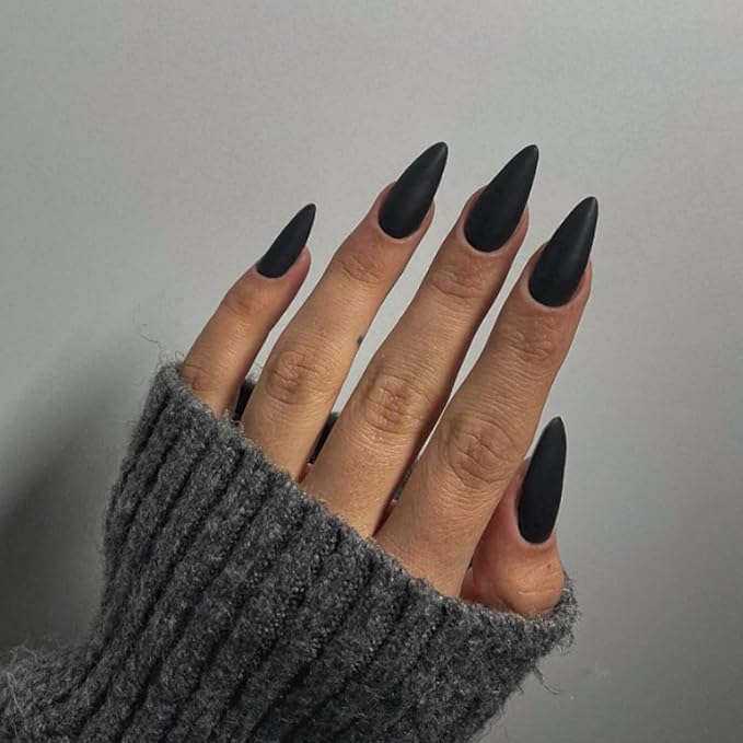 Matte Black Press on Nails Almond Shaped Medium Almond Nails Press on Neutral Acrylic Nails Reusable Fake Nails for Women, Glue on Nails Medium Length Stiletto False Nails Soft Gel Artificial Nails
