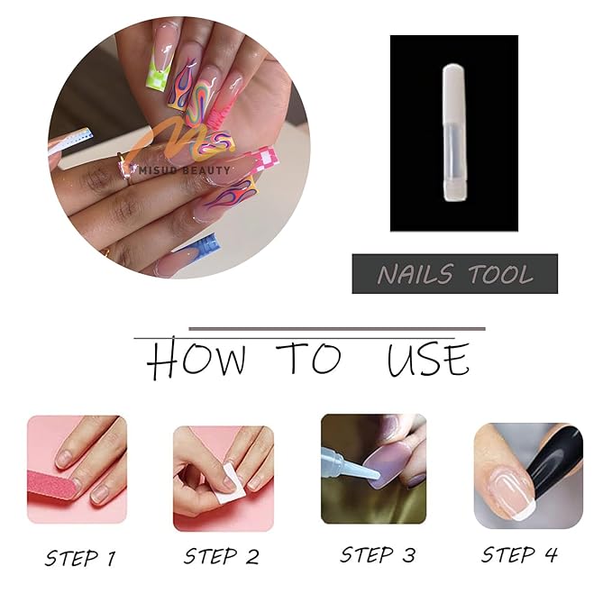 MISUD Press on Nails - Long Square Glue on Nails with Colorful Plaid, Acrylic Checkered Flame Design 24 pcs