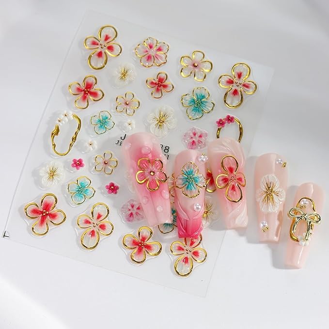 4 Sheets Flower Nail Stickers for Nail Art,5D Embossed Hibiscus Nail Decals Pink White Lily Hibiscus Tropical Floral Summer Spring Flower Nail Art Supplies for Women Girls Nail Decoration