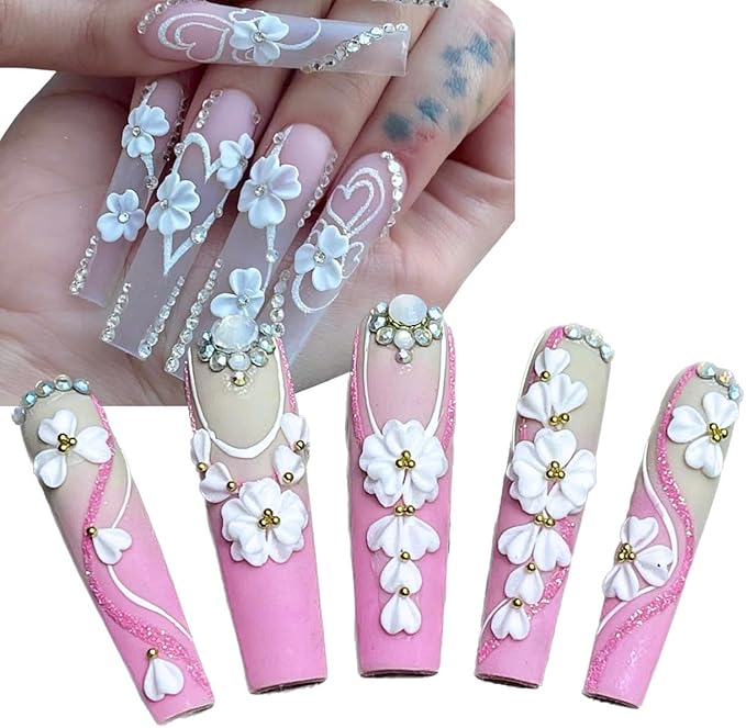 Set 20Pcs White Heart 3D Flowers for Nails, Handmade 3D Acrylic Flowers for Valentine - Wedding Nails, Flower Nail Made by Acrylic Powder Design Deco Nail Art Women Girls (15 White Heart 2#)