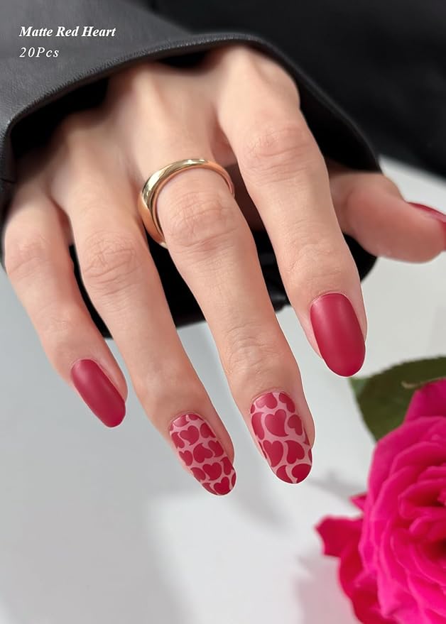 Semi Cured Gel Nail Strips (Matte Red Heart), Valentine's Day, 20 Pcs Gel Nail Wraps, Stickers, Salon Quality, Works with Any UV Lamps
