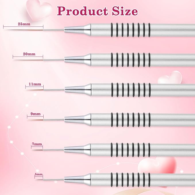 6Pcs Nail Art Liner Brushes Set, Fine Drawing Painting Details Design Striping Brush With Gel Polish Acrylic Handle Gifts Manicure Tools DIY Sizes 5/7/9/11/15/25mm, Silver
