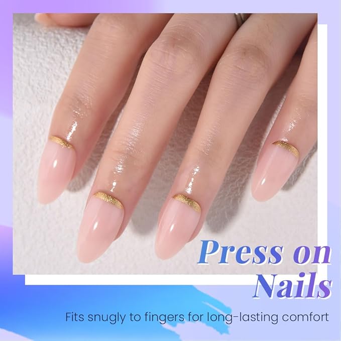 Short Almond Gold Reverse French Press On Nails, Golden Artificial Fake Nails Design, Acrylic False Nails Design, Suitable for Birthday Parties,Wedding. Kit for Women DIY False Nail Art Gift.