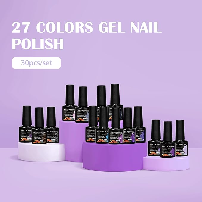 MEET ACROSS 27PCS Gel Nail Polish Set,27 Colors Gel Nail Kit Art Design Soak Off UV LED,Nail Art Design Gifts for Women