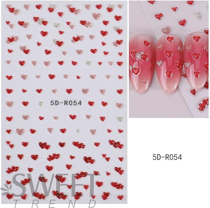 Valentine Day Nail Stickers 5D Embossed Red Hearts Nail Decals Cute Blue Love Nail Designs Multi Kawaii Glitter Nails Supplies Spring Holiday Nails Art Supplies for Women DIY Manicure 4 Sheets