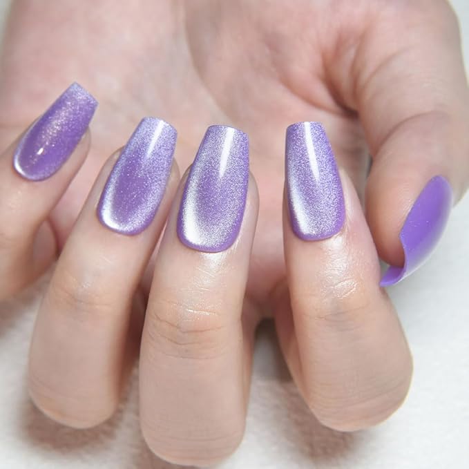 evpct Violet Purple Cat Eye Coffin Press on Nails Square Medium, Medium Square Stick on Nail for Women Gift, Purple Metallic Glitter Glossy Reusable Soft Gel Press on Acrylic Fake Nail with Designs
