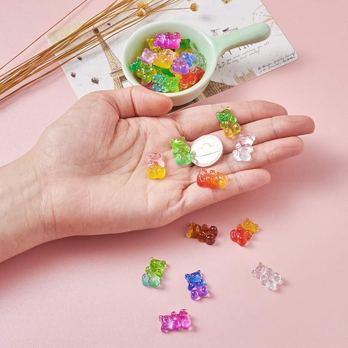 FASHEWELRY 32Pcs Resin Gummy Bear Charm Pendants 8 Colors Cartoon Bear Candy Cabochon for Necklace Bracelet Earring Jewelry Making