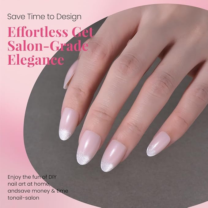 Cat Eye Ombre Pink Press On Nails Short Almond 30 Pcs, Designer Reusable Acrylic Fake Nails with Glue, Glossy Soft Gel Nails Wedding and Party, Stick On Glue On Nails, Nails fro Women Gift