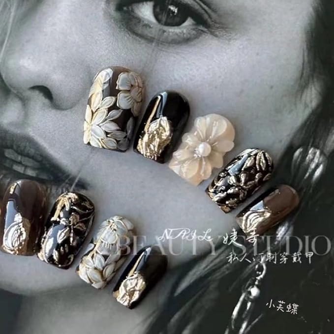 Handmade Press on Nails Short Square Shaped Fake Nails Pearl False Nails Designs Flower Press on Nails Full Cover False Nails Black Acrylic Artificial Nails for Women (Size M)