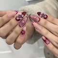 Flower Press on Nails Medium Almond Fake Nails French Tip Nails Press Ons Pink Flower False Nails with Rhinestones Design Glossy Stick on Nail Gradient Glue on Nail for Women Decorations 24Pcs