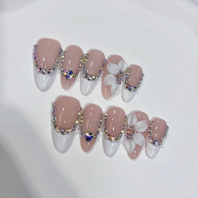 Handmade Press on Nails Almond Medium Shaped Fake Nails Luxury 3D Rhinestone Flower Hand Made Nails with Designs Muti-Layer Gel Thicked Acrylic Nails for Women (Size S)