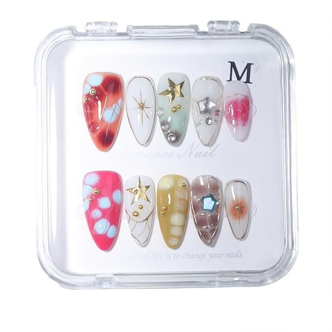 10 Medium Almond Handmade Press On Nails | Y2K Aesthetic Colorful Abstract Fake Nails with Marble, Star & Gold Studs |Reusable Salon Quality Nails(5U01, S)
