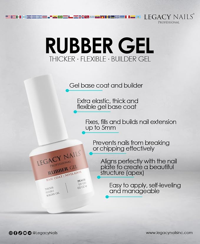 LEGACY NAILS Professional Rubber Gel Base-Coat 0.5 fl oz. Nivelador UV-LED Full Coverage Elastic Thick Flexible Gel Base Coat Builder (SOFT PEONY)