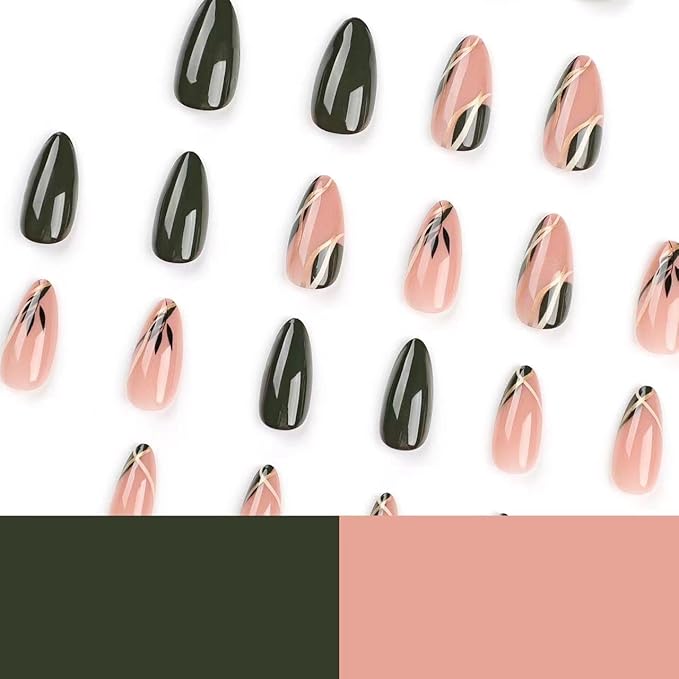Almond Press on Nails Medium - Dark Green Fake Nails with Gold Line Design - Fall Stick on False Nails - for Women 24 Pcs