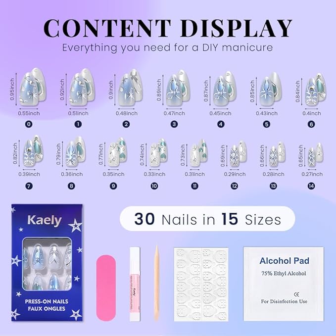evpct White Blue 3D Shimmery Press on Nails Short Almond with Silver Line Heart Design, Cat Eye Pearl Stick on Nail for Women Gift, Reusable Full Cover Soft Gel Press on Fake Nail with 3D Design