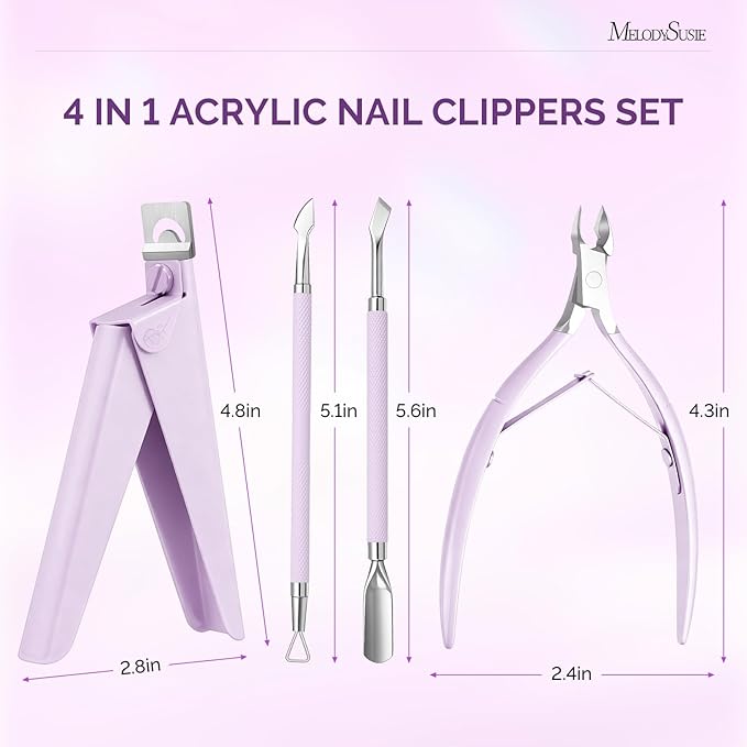 Melodysusie 4 in 1 Acrylic Nail Clippers Set, with Cuticle Trimmer and Dual-Ended Cuticle Pusher Remover, Stainless Steel Acrylic Nail Cutter Set, Pedicure Manicure Acrylic Nail Tools for Home Salon
