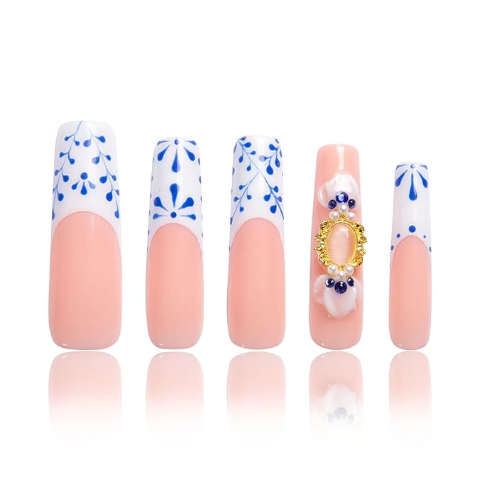 LOVFUL Press on Nails Porcelain Blue| Handmade with Full Covered Crystals| Reusable Fake Nails| Square Mid length 1.7in| H273-S