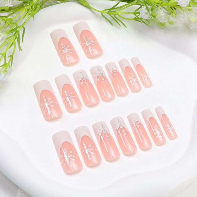 White French Tip Press on Nails Long Square Fake Nails Press ons with Snowflake Designs Winter Glue on Nails Acrylic Full Cover Glossy Acrylic Stick on Nails for Women 24 Pcs